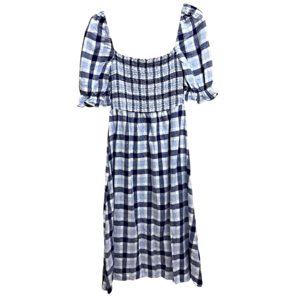 Reformation S Marabella 100% Linen Midi Dress Puff Sleeve Gingham Blue Plaid 4 6 - Picture 3 of 9
